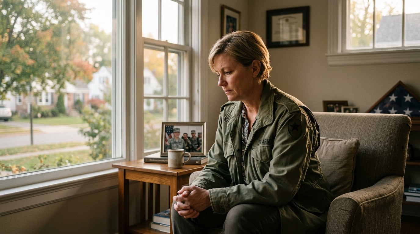 A woman veteran sitting alone by a window, withdrawn and reflective