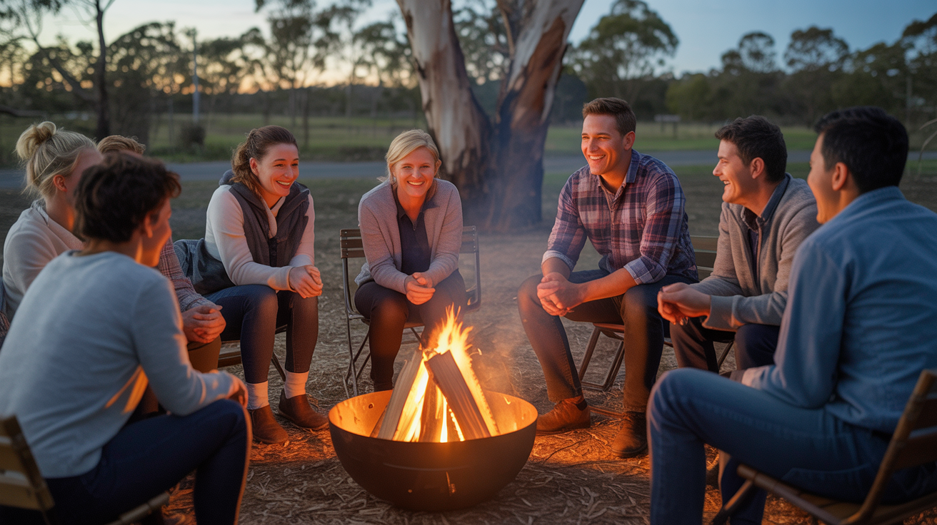 Community gathered around fire pit at dusk