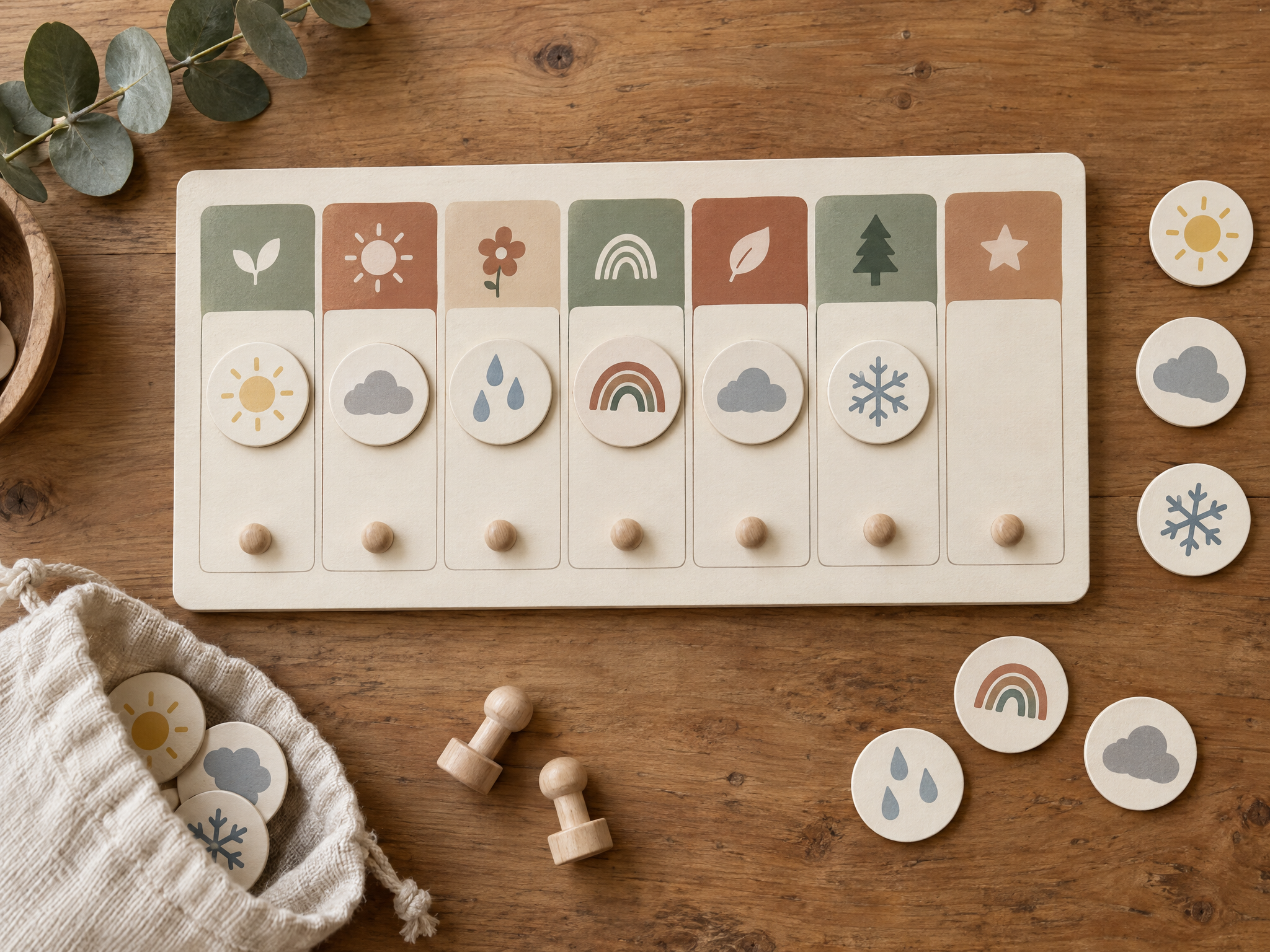 Weekly calendar board with weather picture cards