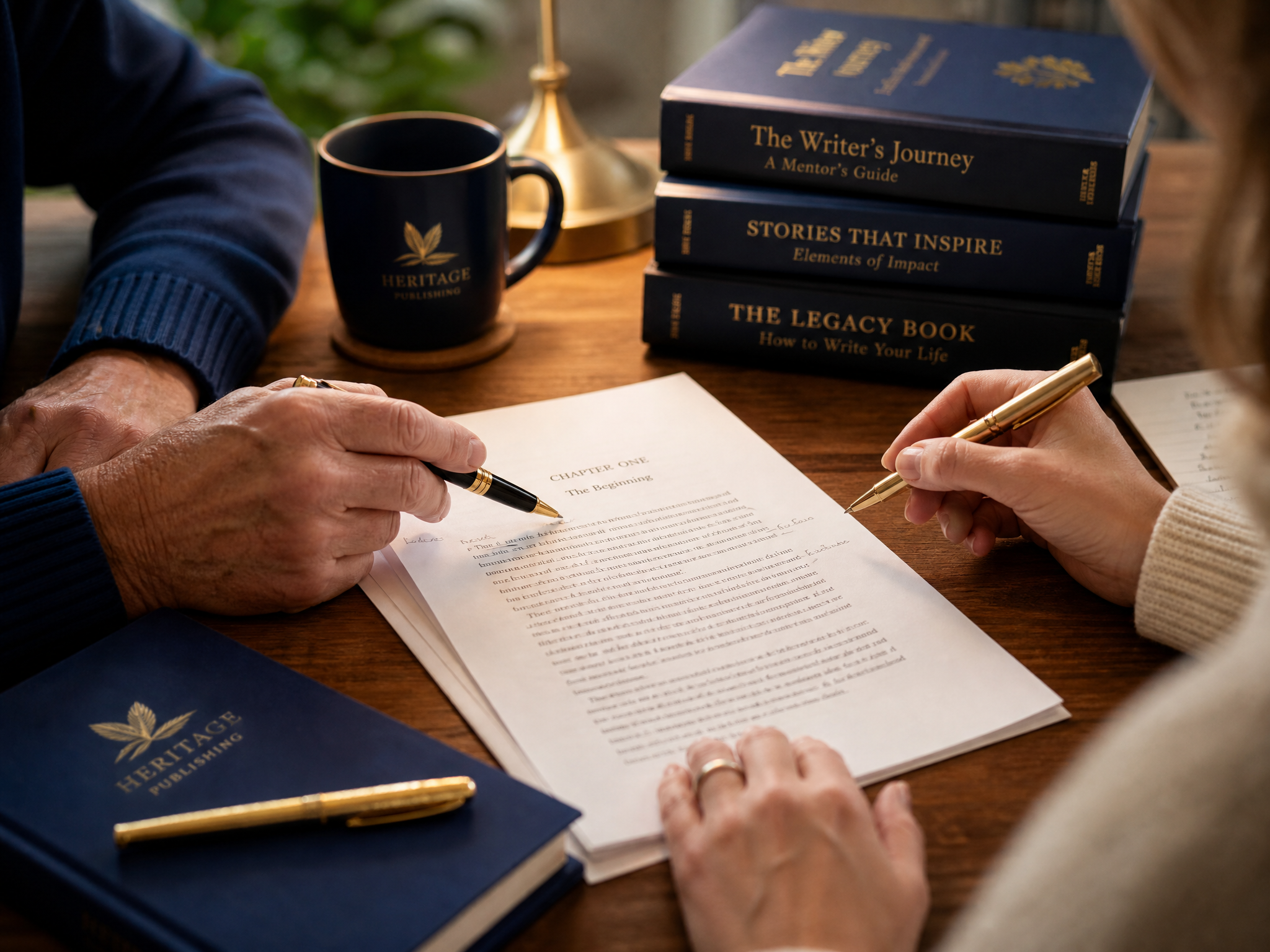 A mentor and author collaborating over a manuscript