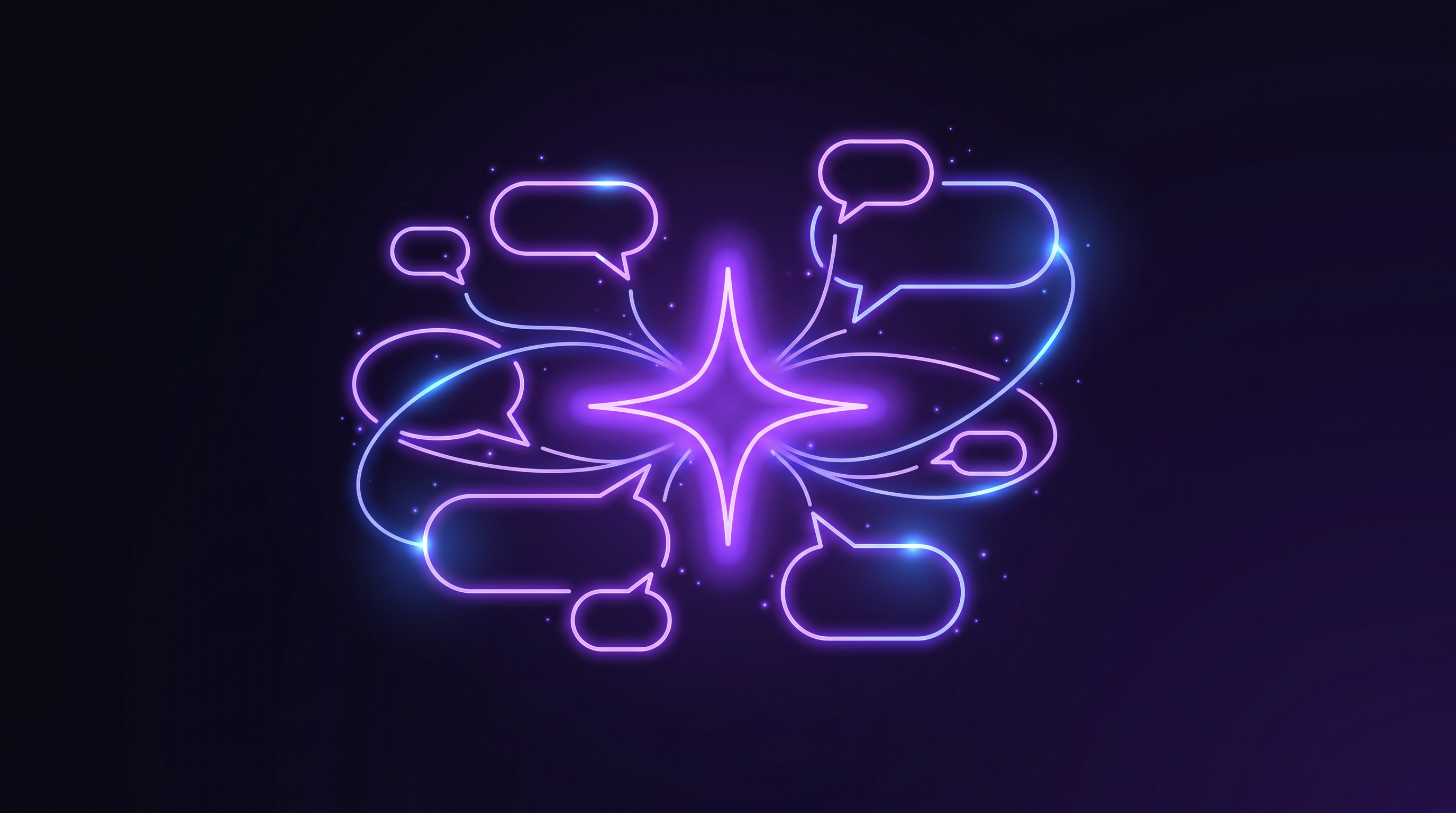 Purple neon four-point starburst ringed by outlined chat bubbles, representing AI answer engines
