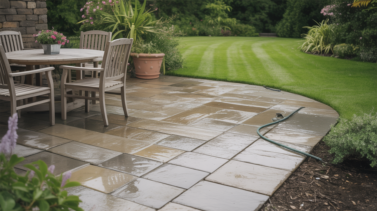 Professional patio cleaning with natural stone paving slabs in Irish garden
