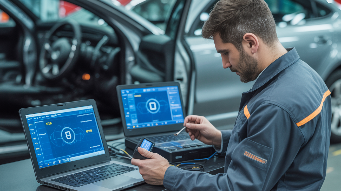 Automotive technician using diagnostic equipment for key programming