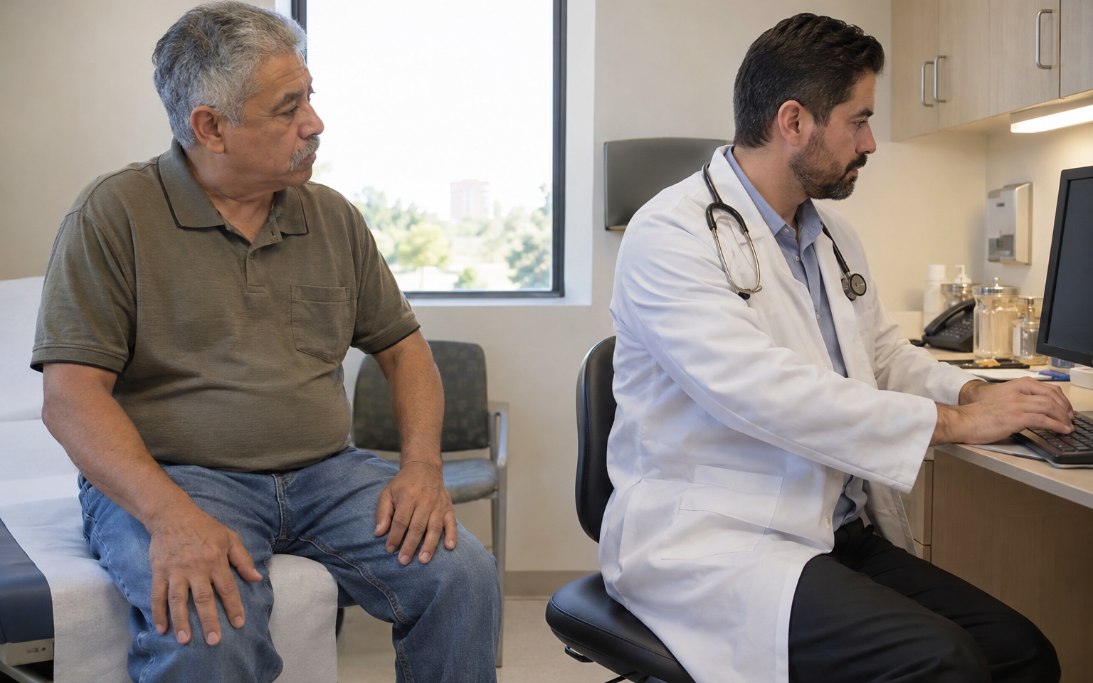 A veteran describing his symptoms to his doctor while the doctor types notes