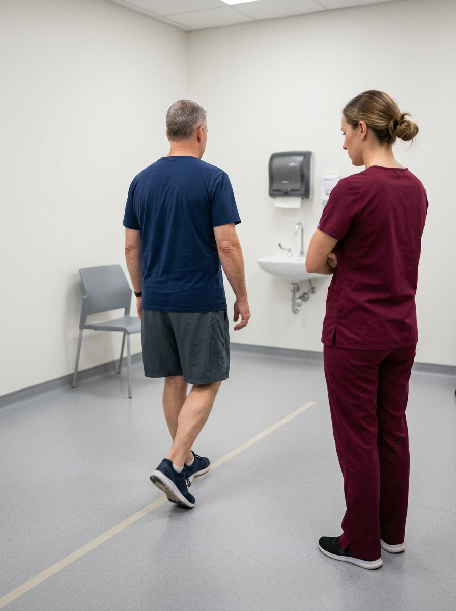 Female clinician observing a male veteran walking away from her across an exam room assessing gait pattern and hip rotation from behind