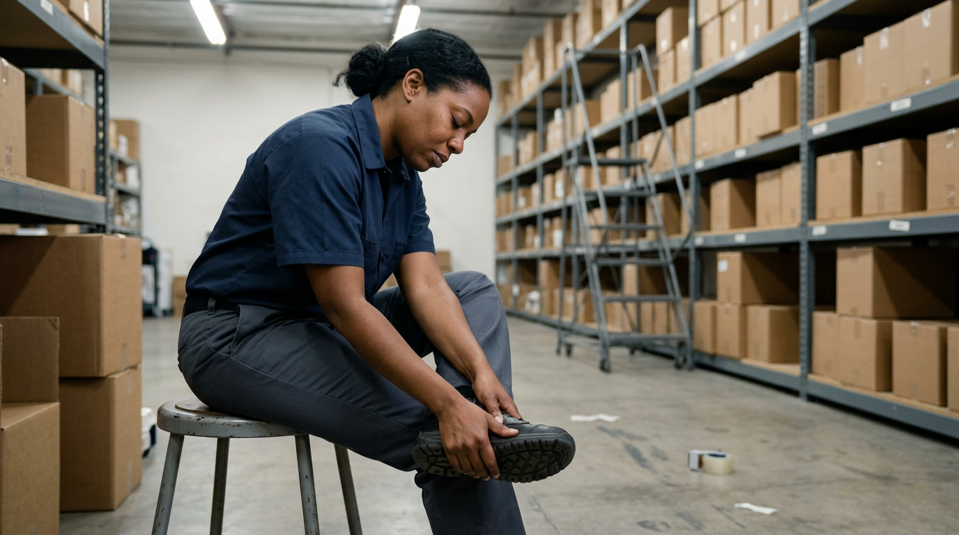 Black woman veteran seated on a stool in a warehouse rubbing her foot through her shoe, unable to continue standing work