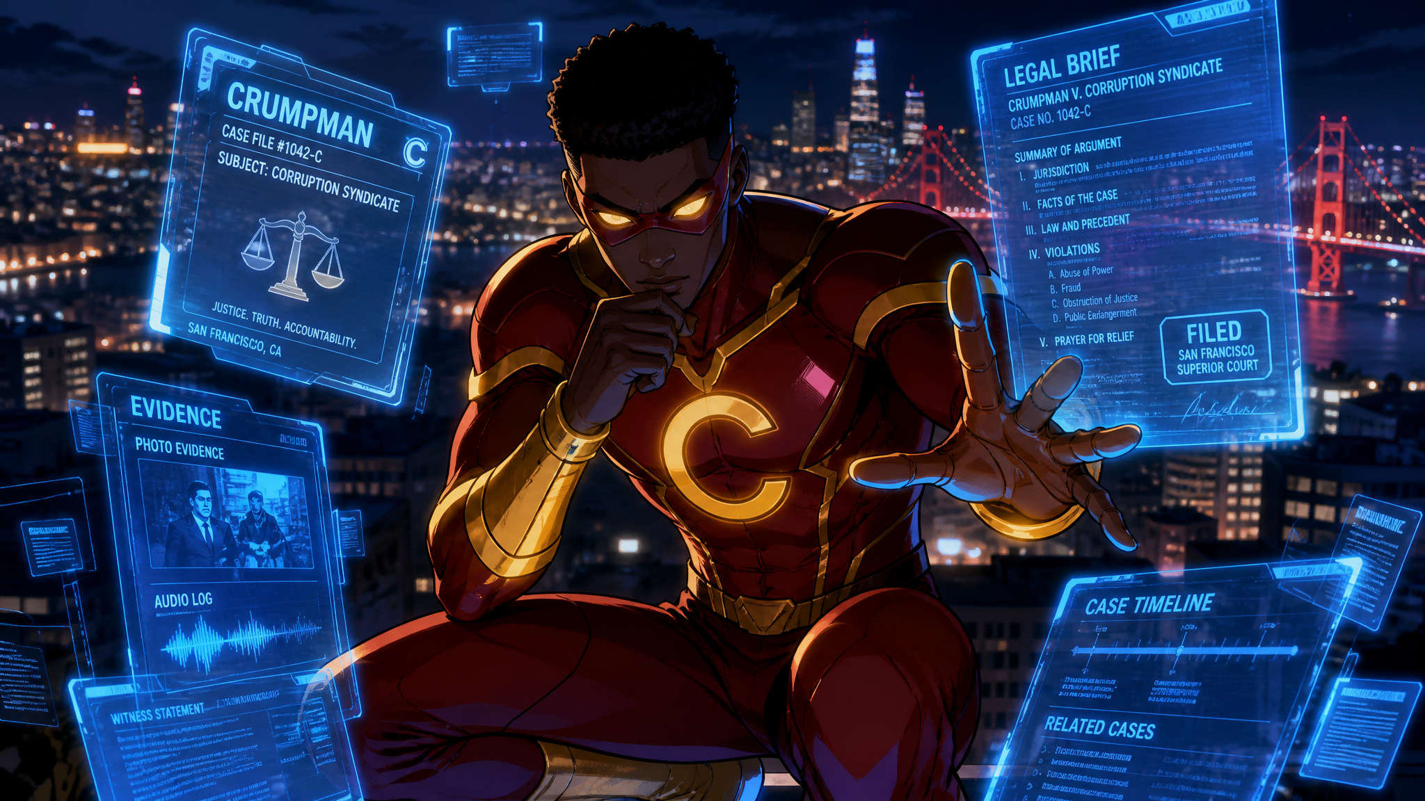 Crumpman analyzing evidence with holographic legal documents at night