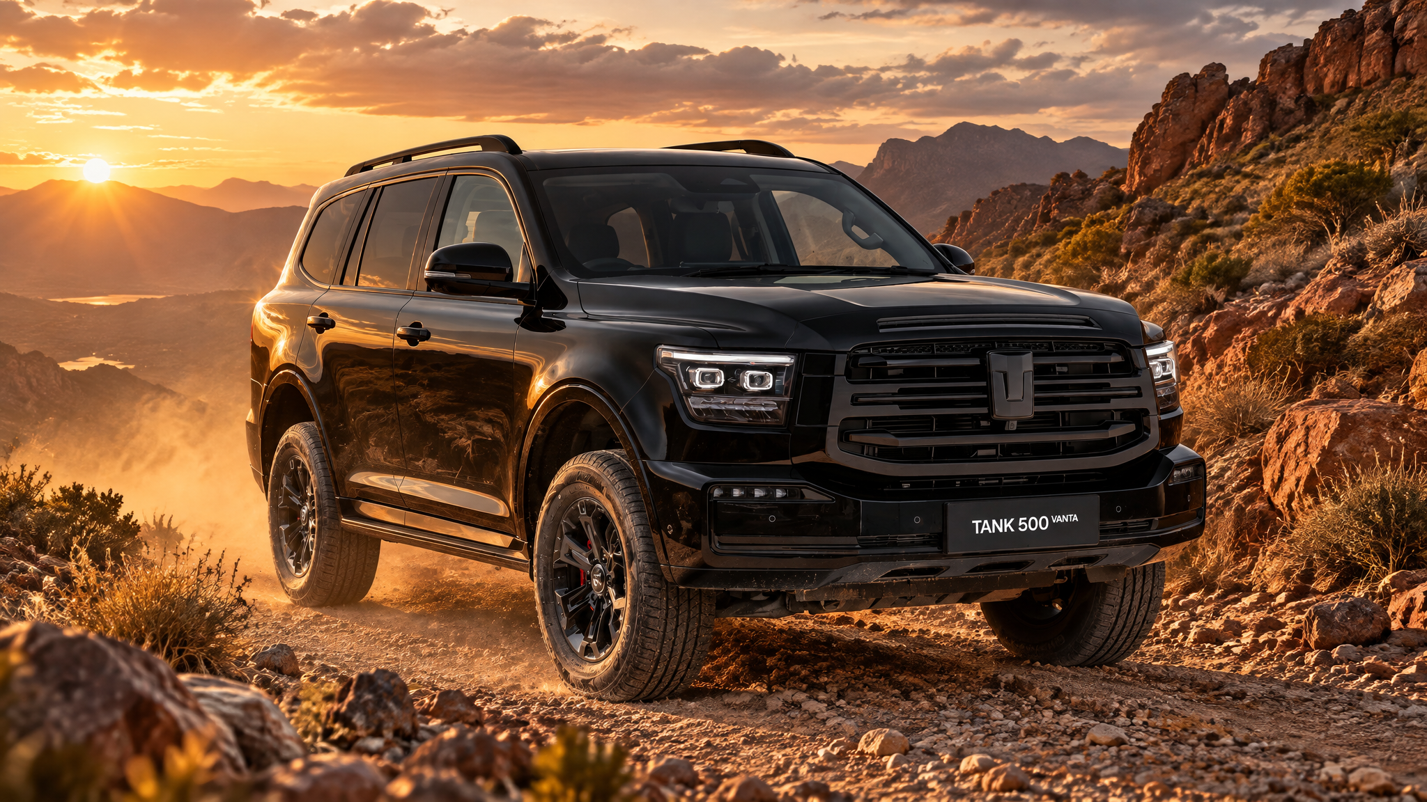 GWM Tank 500 on a rocky mountain track at golden hour
