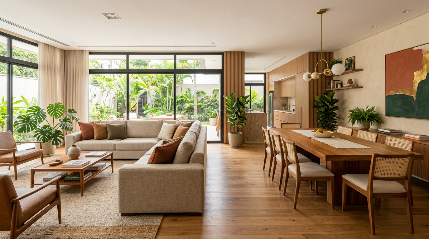Interior residencial com ambientes integrados de sala e jantar em conceito aberto
