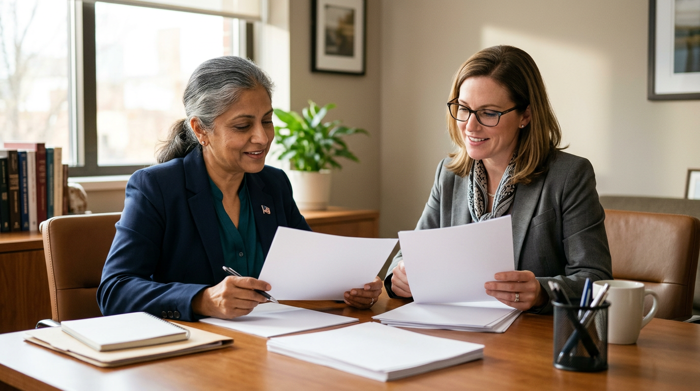 South Asian woman veteran reviewing blank documents with a female advocate in a professional office