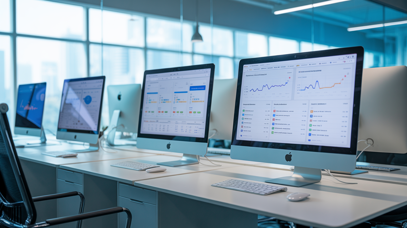 Modern tech workspace with analytics dashboards