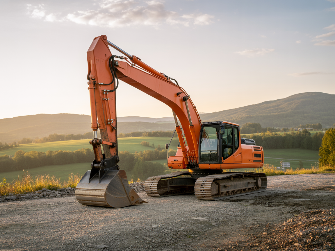 Orange excavator parked at golden hour with Vermont hills