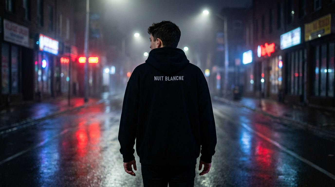 Homme de dos en hoodie NUIT BLANCHE marchant dans une rue urbaine nocturne