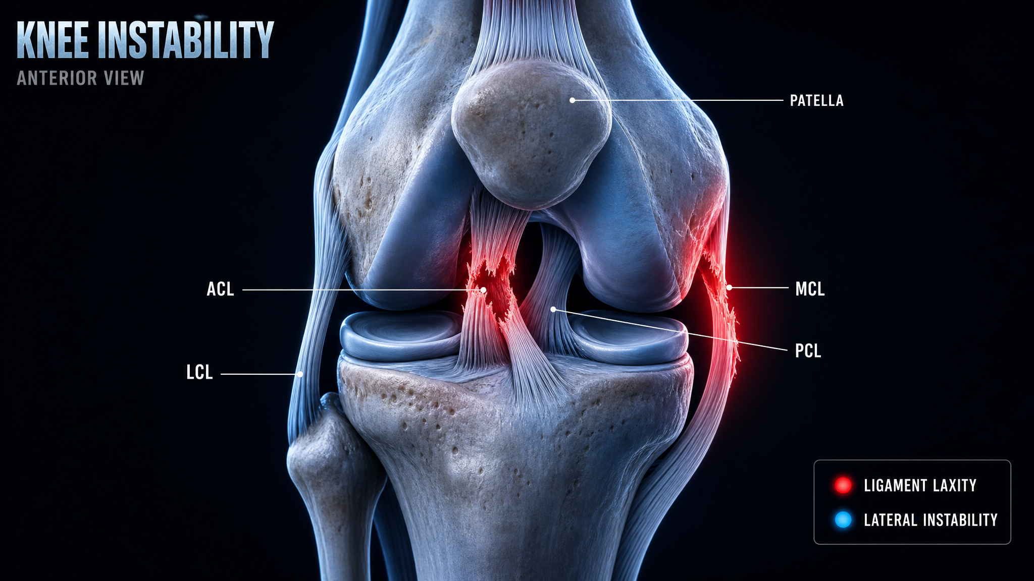 Anterior knee diagram showing torn ACL and MCL ligaments and a subluxating patella