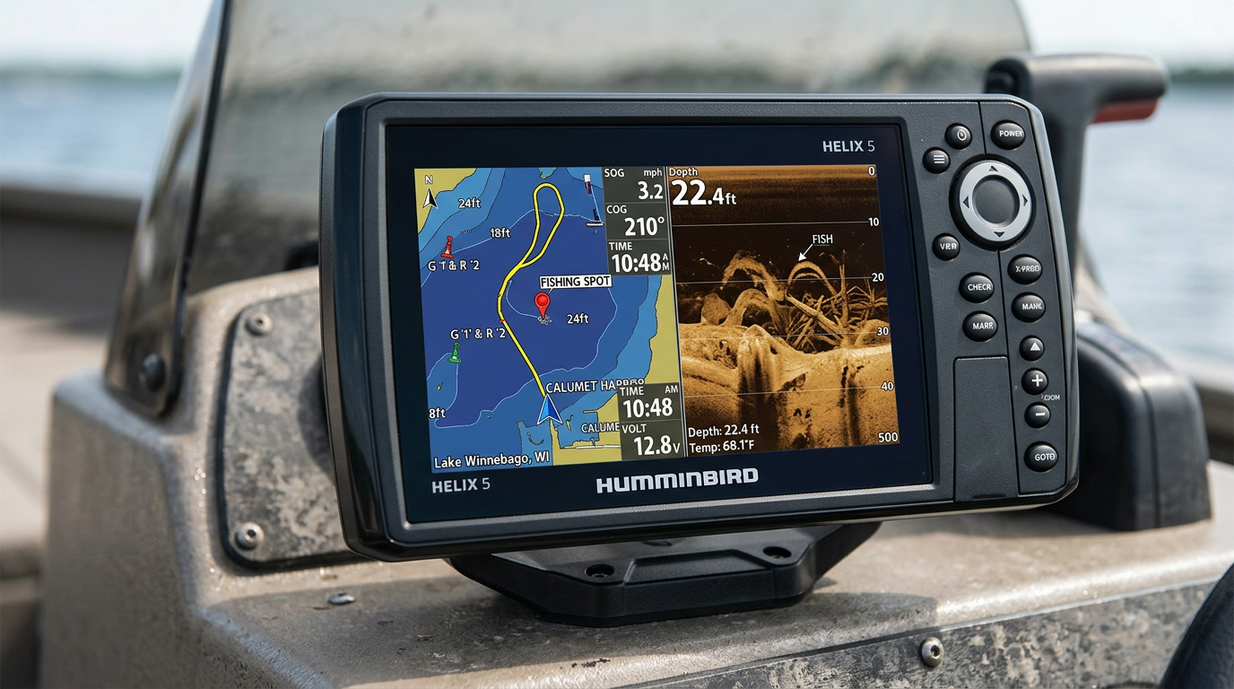 Humminbird HELIX 5 display showing split screen with GPS chartplotter map and down imaging sonar view