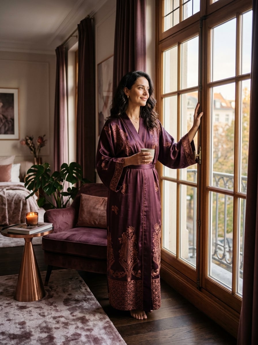 Confident woman in silk robe by window with morning light
