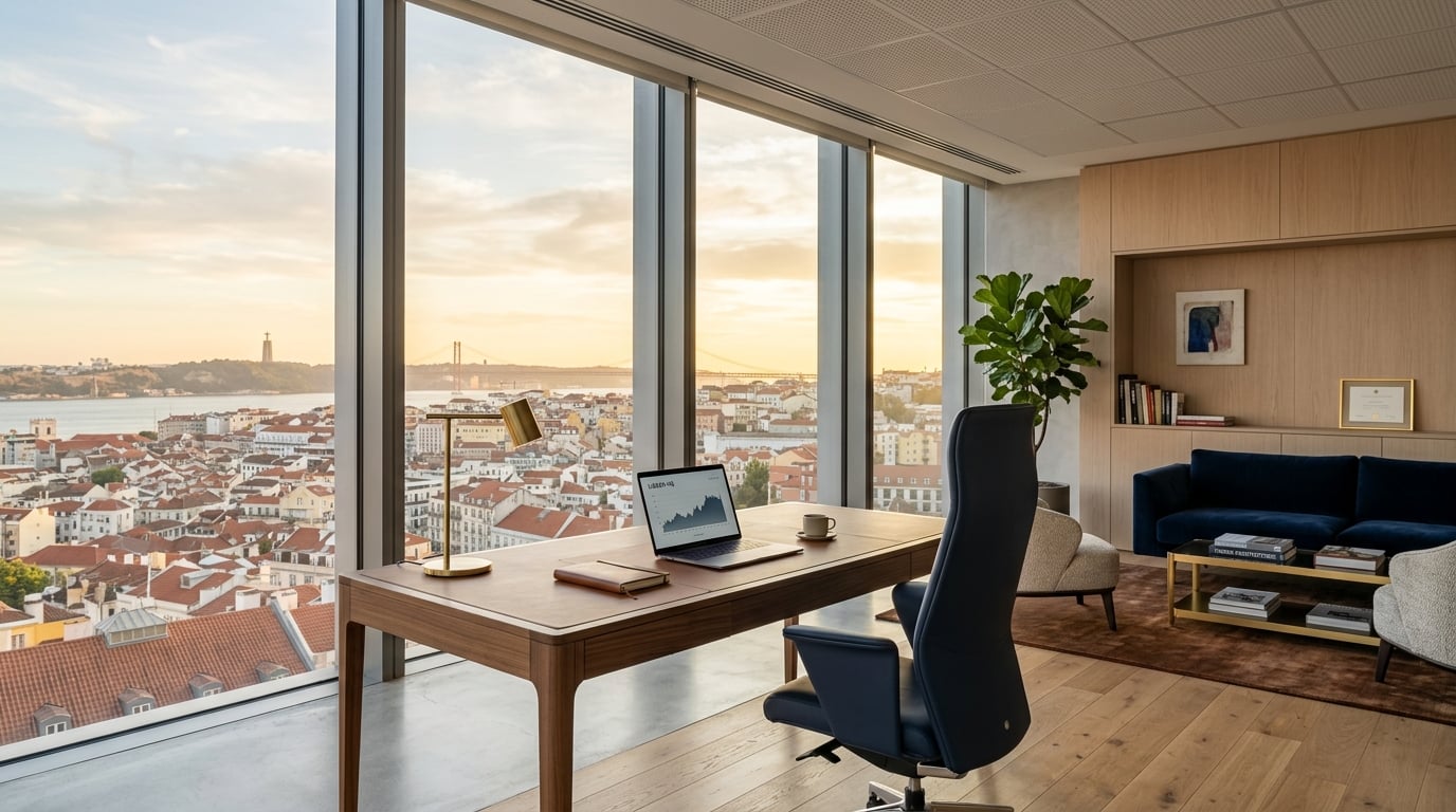 Modern executive office with panoramic city view