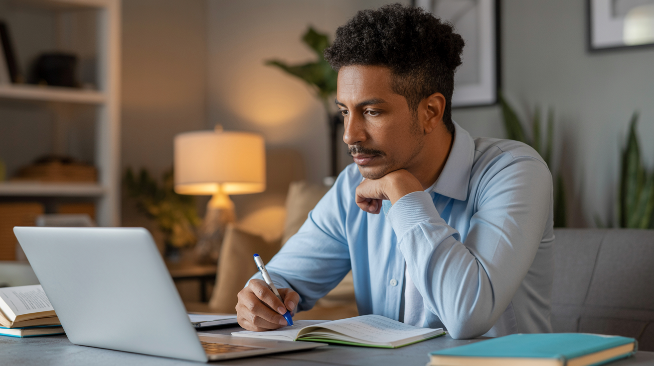 Adult male student in online tutoring session