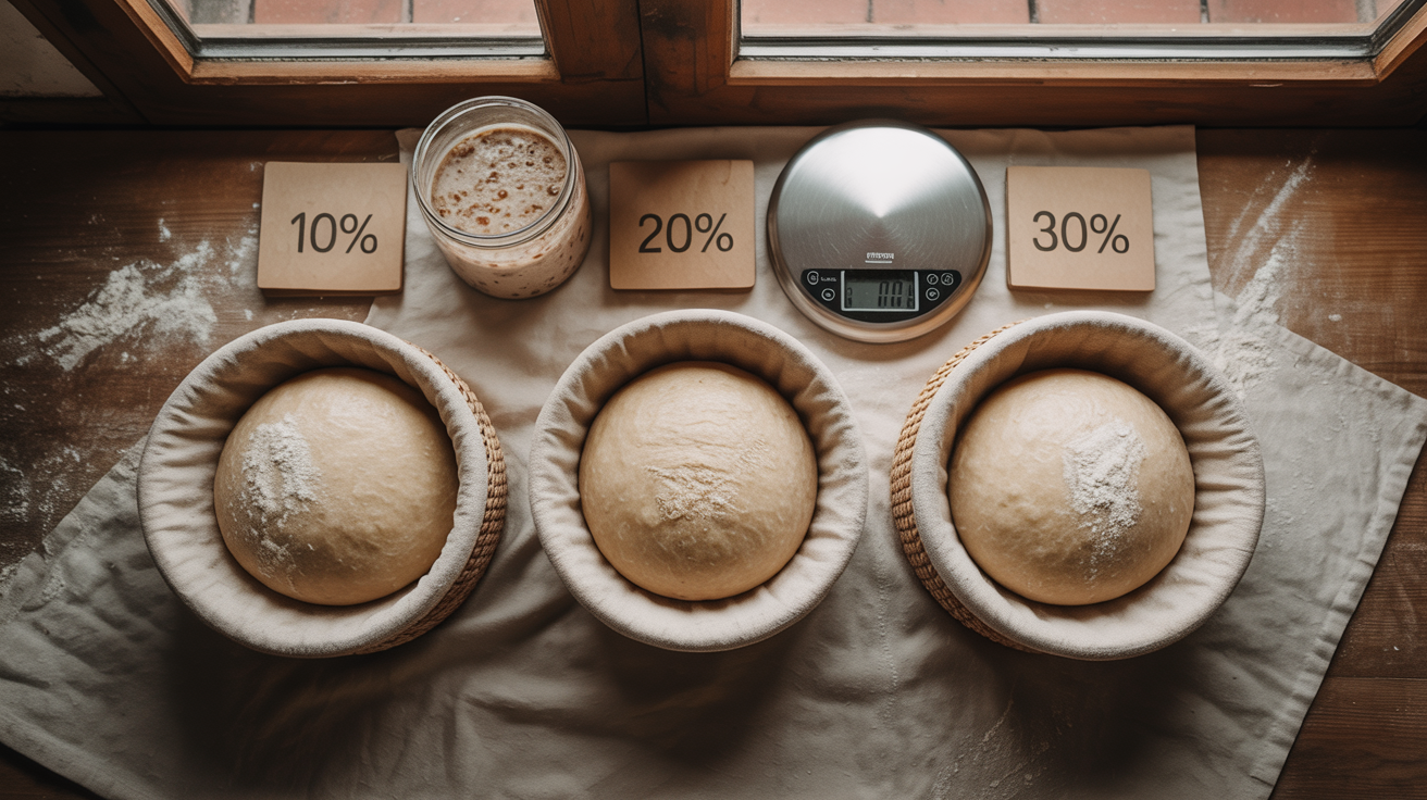 Three dough balls in linen-lined bannetons labeled 10%, 20%, and 30% starter, with a scale and jar of bubbly starter
