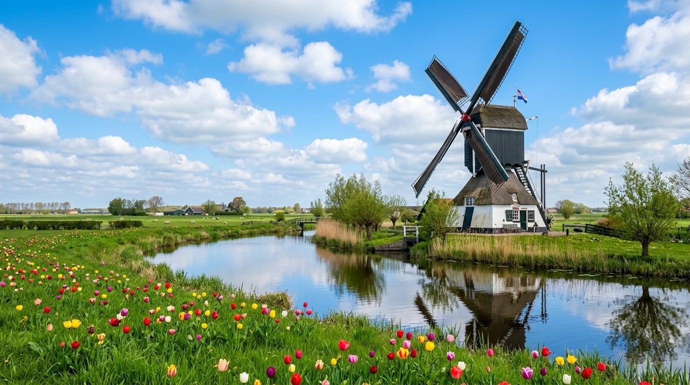 Dutch windmill in scenic countryside with blue sky