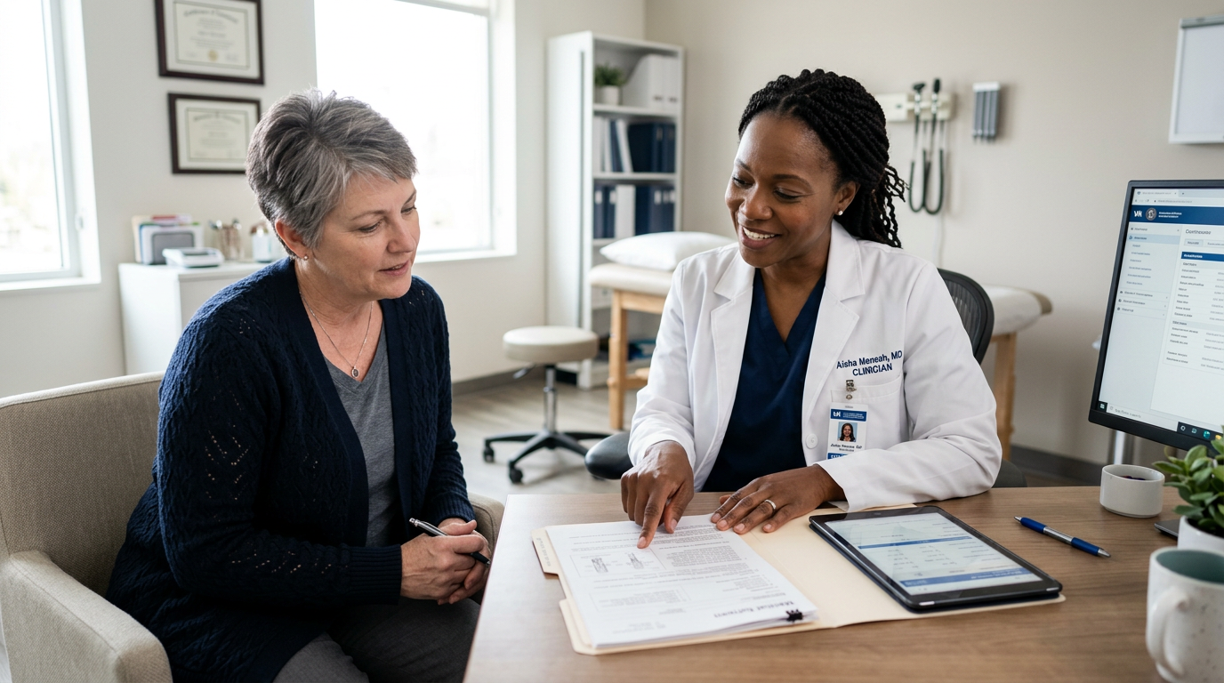 A woman veteran reviewing treatment options with her clinician in an exam room