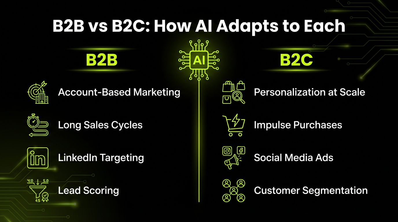 Infographic comparing B2B and B2C marketing strategies showing how AI adapts to each approach