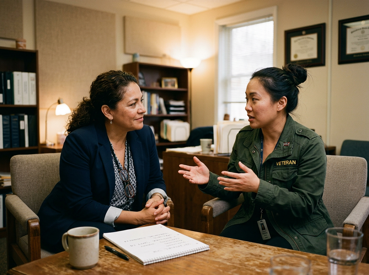 A VA-accredited claims advocate helping a woman veteran with her disability claim