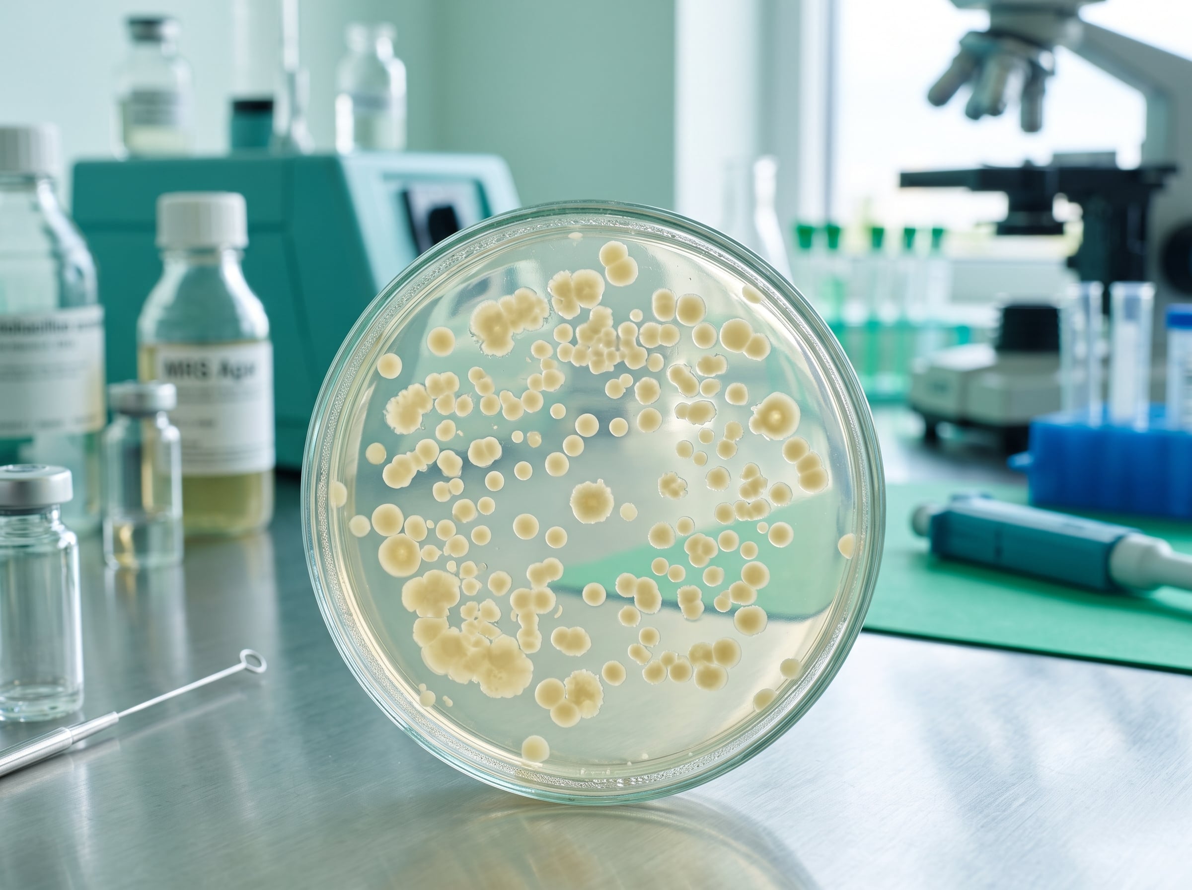 Petri dish showing cultured lactic acid bacterial colonies in a modern microbiology laboratory