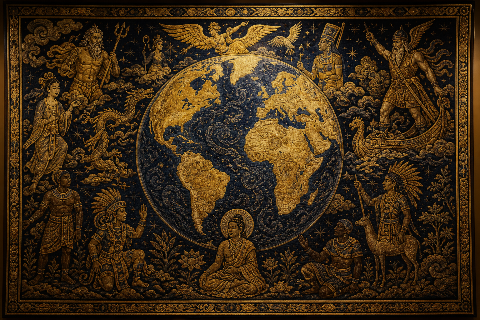 The Earth reimagined as a woven record of world mythology, every culture represented and none privileged above another