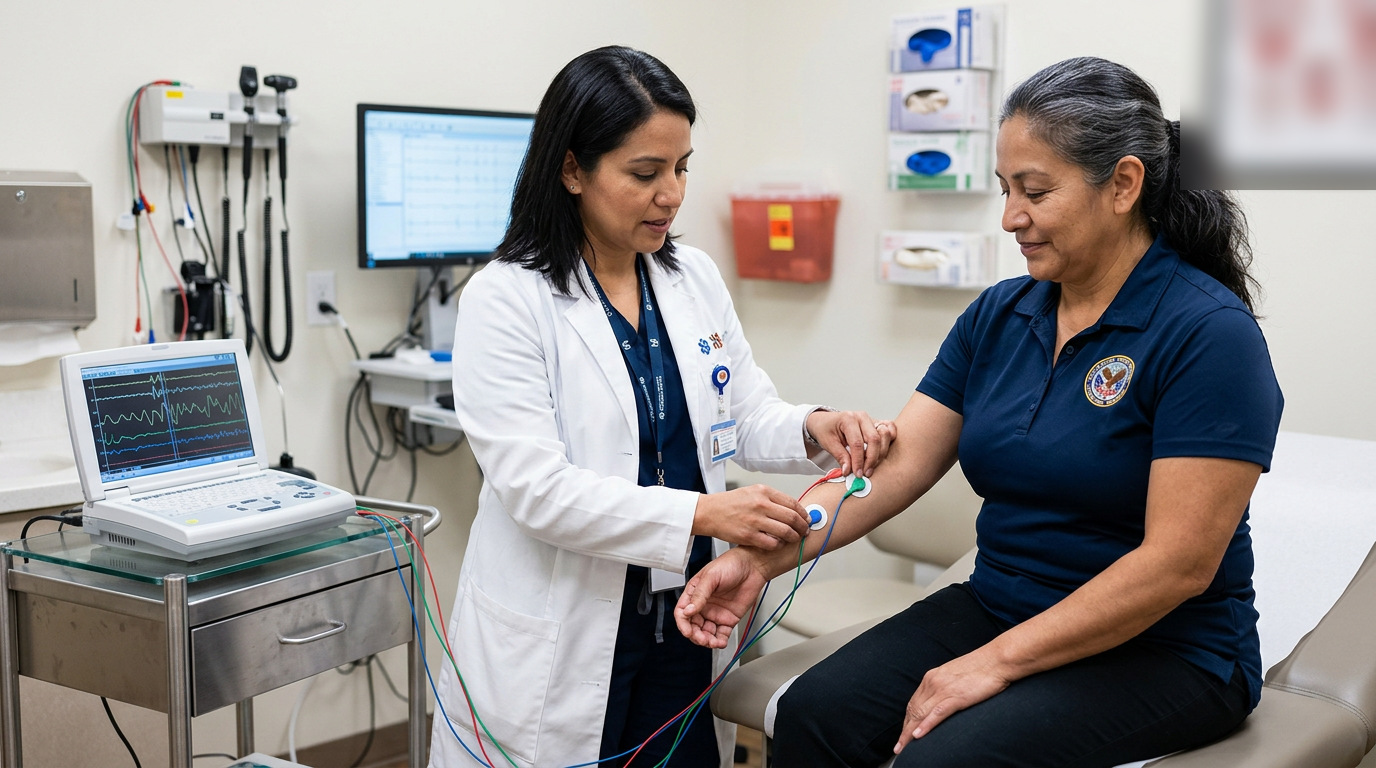 Neurology clinician attaching electrode leads to the forearm of a Hispanic female veteran during a nerve conduction study, with a waveform display in the background