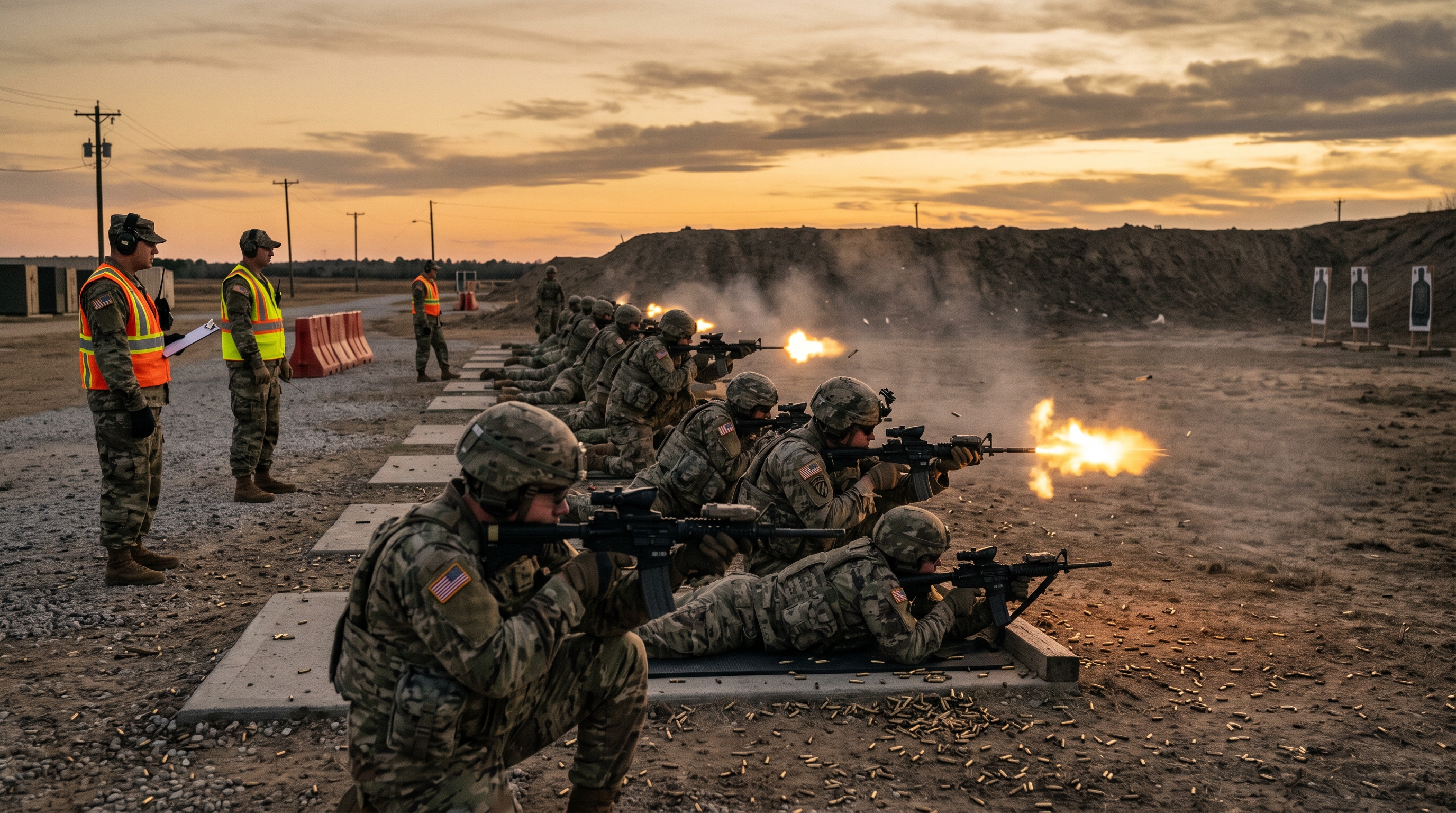 Service members conducting a live-fire training exercise at dusk