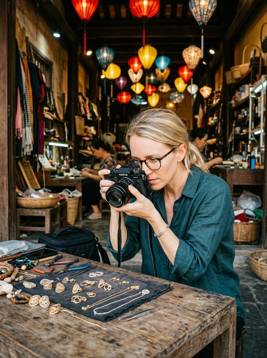 Liz photographing jewelry at a workshop in Vietnam