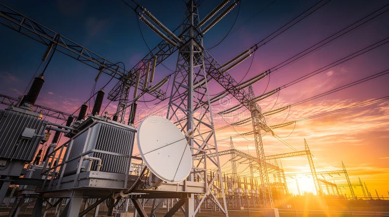 Modernes Umspannwerk bei Dämmerung mit blauer Beleuchtung