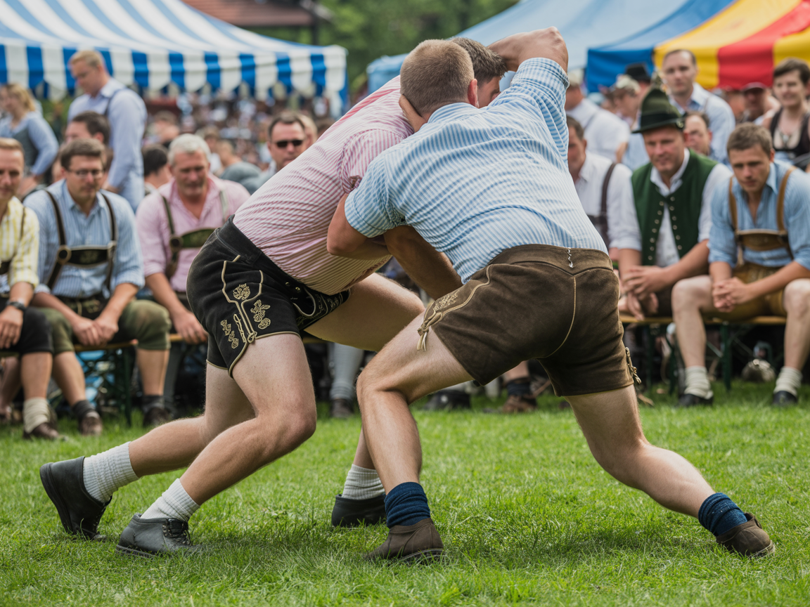 Bayerisches Rangeln – zwei Kämpfer in Lederhosen bei einem traditionellen Wettkampf