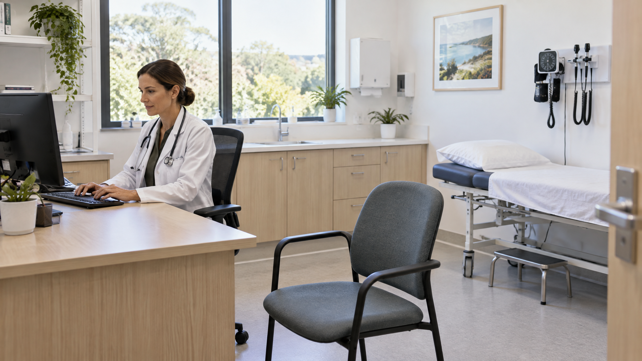 GP clinic consulting room desk with a Medicare billing report