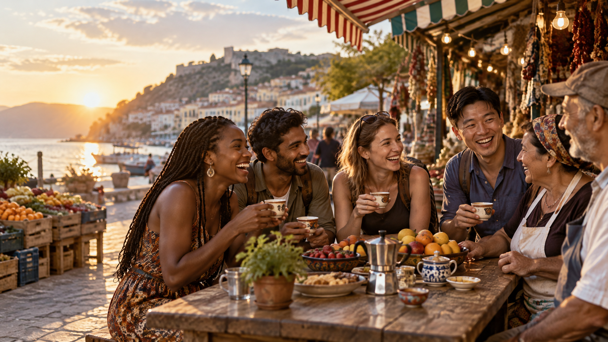 Travelers connecting with locals at an outdoor market