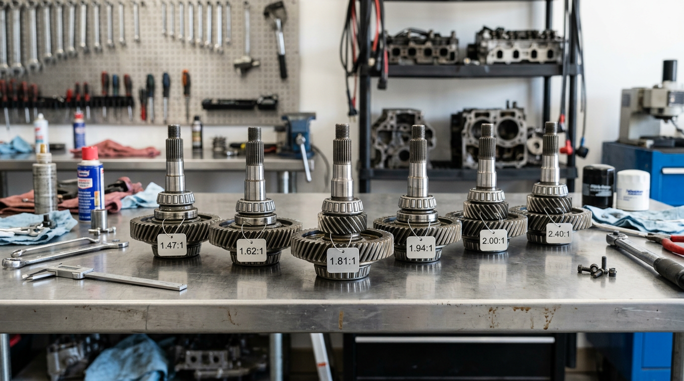Marine workshop bench with a row of labeled Alpha One Gen II gear sets showing different gear ratios