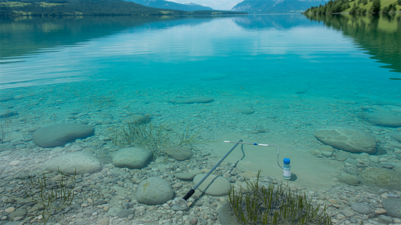 Wasserqualität der Allgäuer Seen - Kristallklares Seewasser mit Unterwassersicht und wissenschaftlicher Testausrüstung in alpiner Umgebung