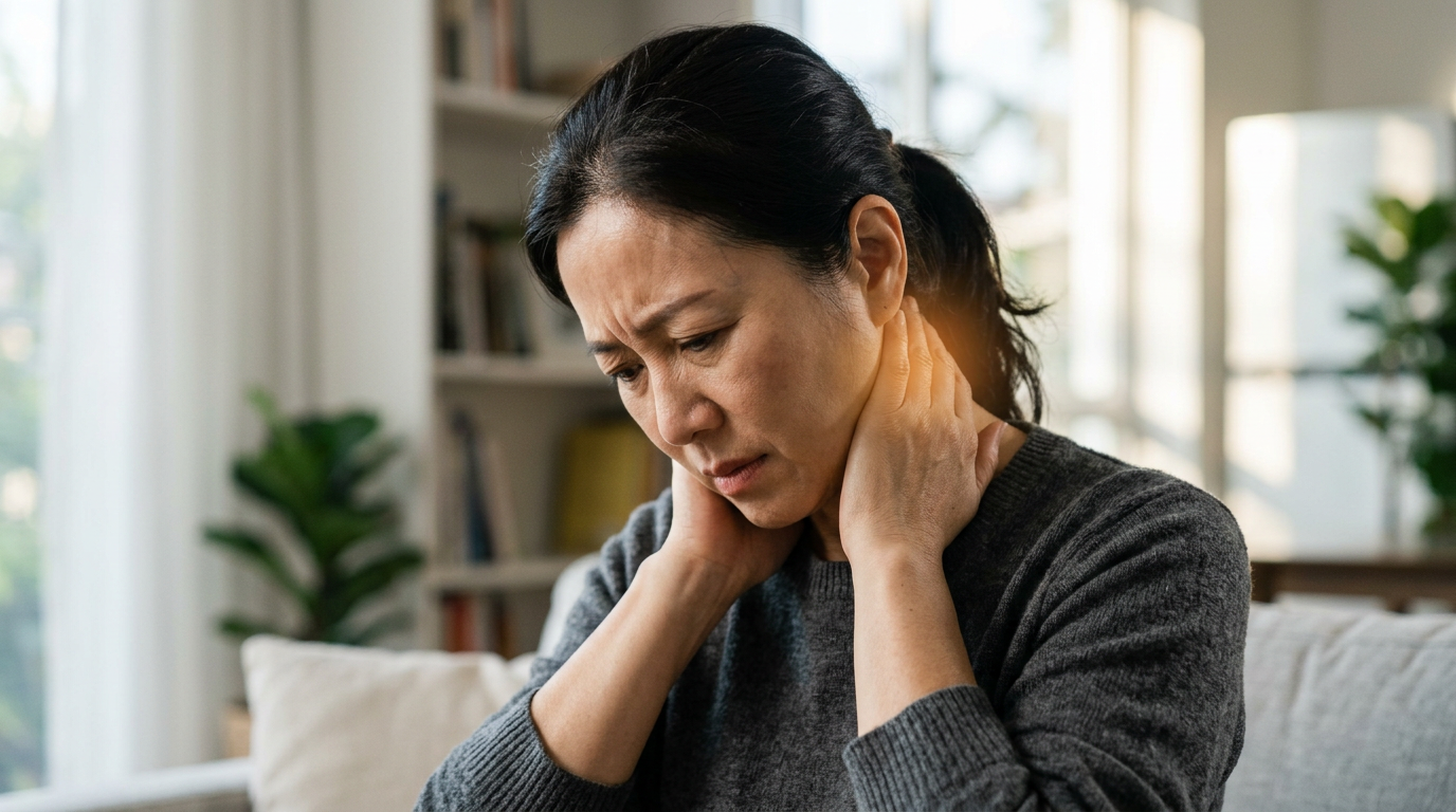 A middle-aged East Asian woman holding the base of her skull and upper neck with a pained expression at home