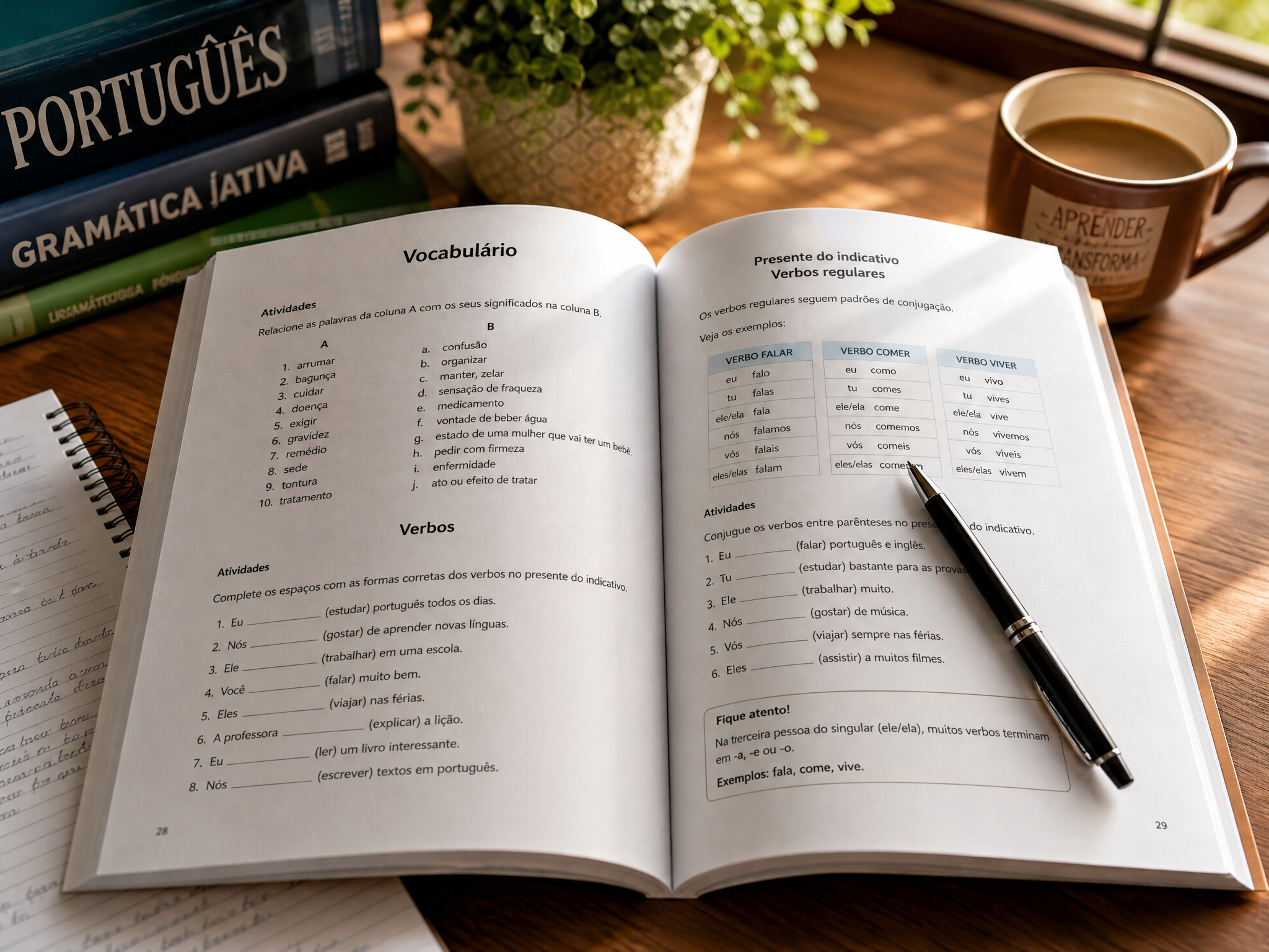 Portuguese workbook open on desk showing grammar exercises