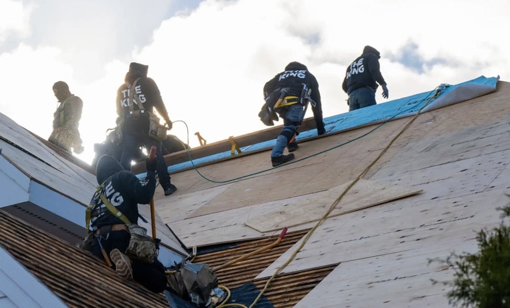 Delta Roofing team at work on a roofing project
