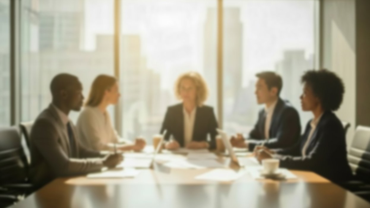 Professional advisory team discussing mining strategy in conference room