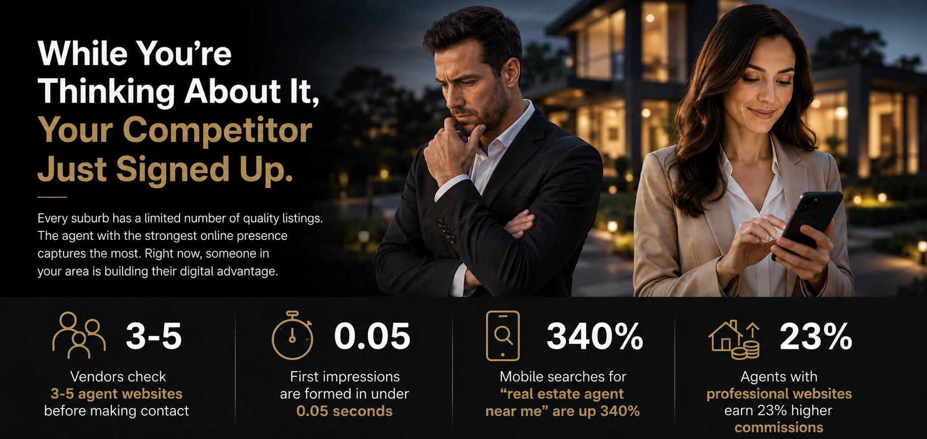 While you're thinking about it, your competitor just signed up — key stats about vendor research, first impressions, mobile search growth, and agent commissions