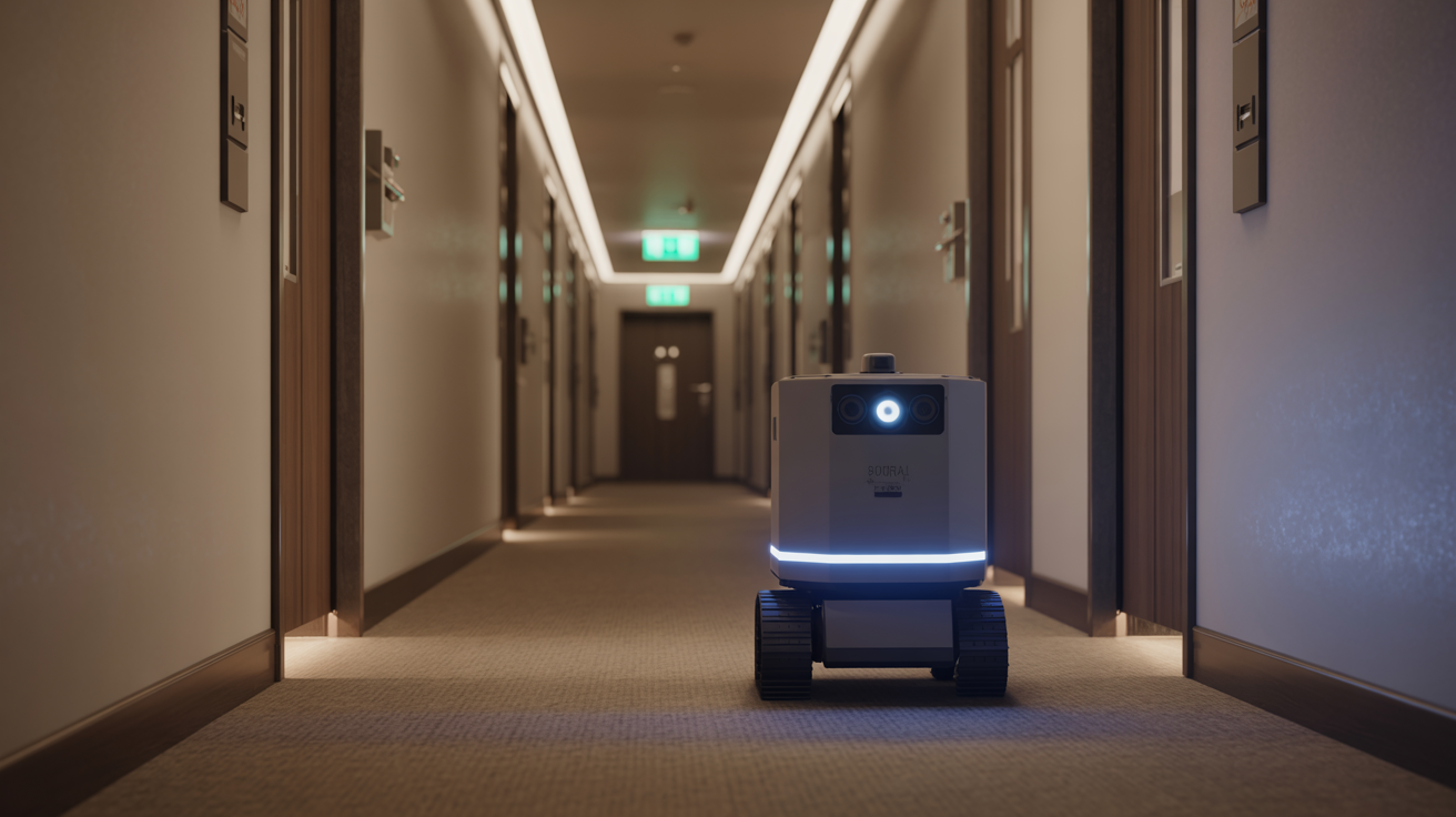 Security robot patrolling hotel corridor at night