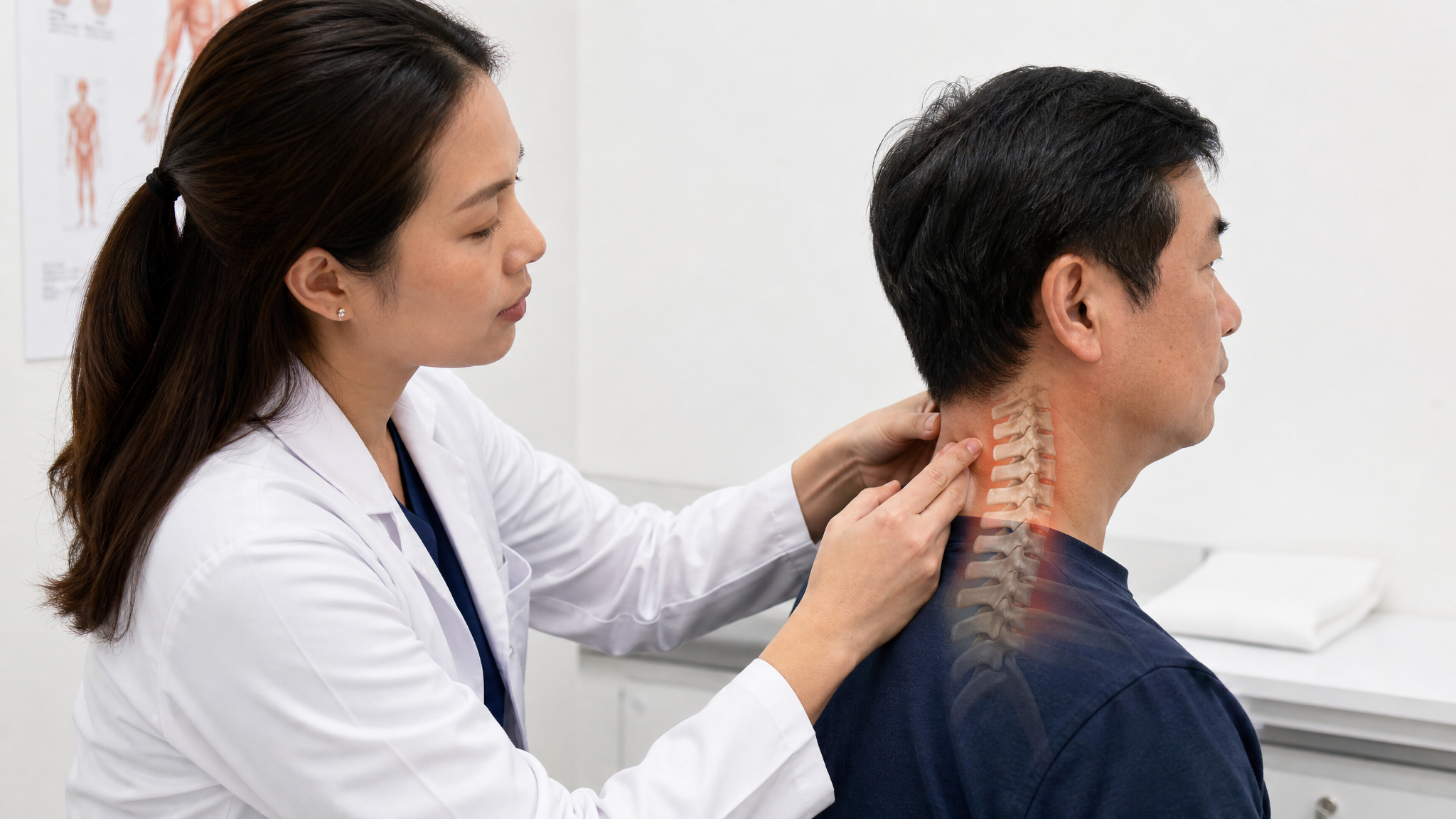 Clinician palpating an East Asian male patient's cervical paraspinal muscles with an overlay showing a straightened, reversed cervical lordosis