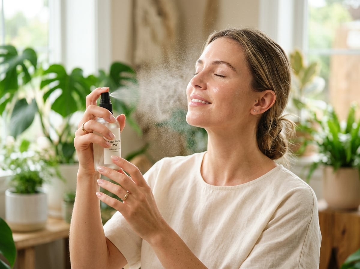 Woman misting her face with CBD facial spray for refreshed glowing skin