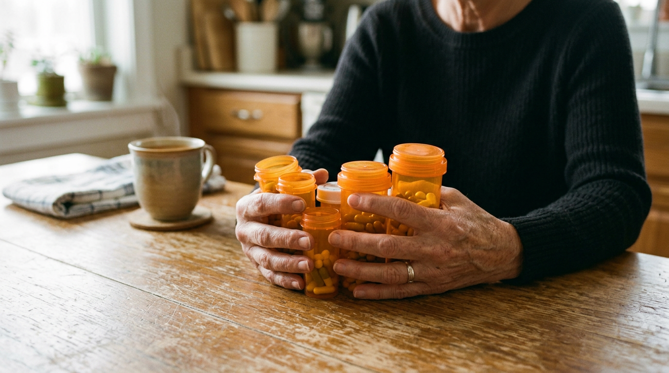 Photograph of hands holding several prescription medication bottles over a kitchen table