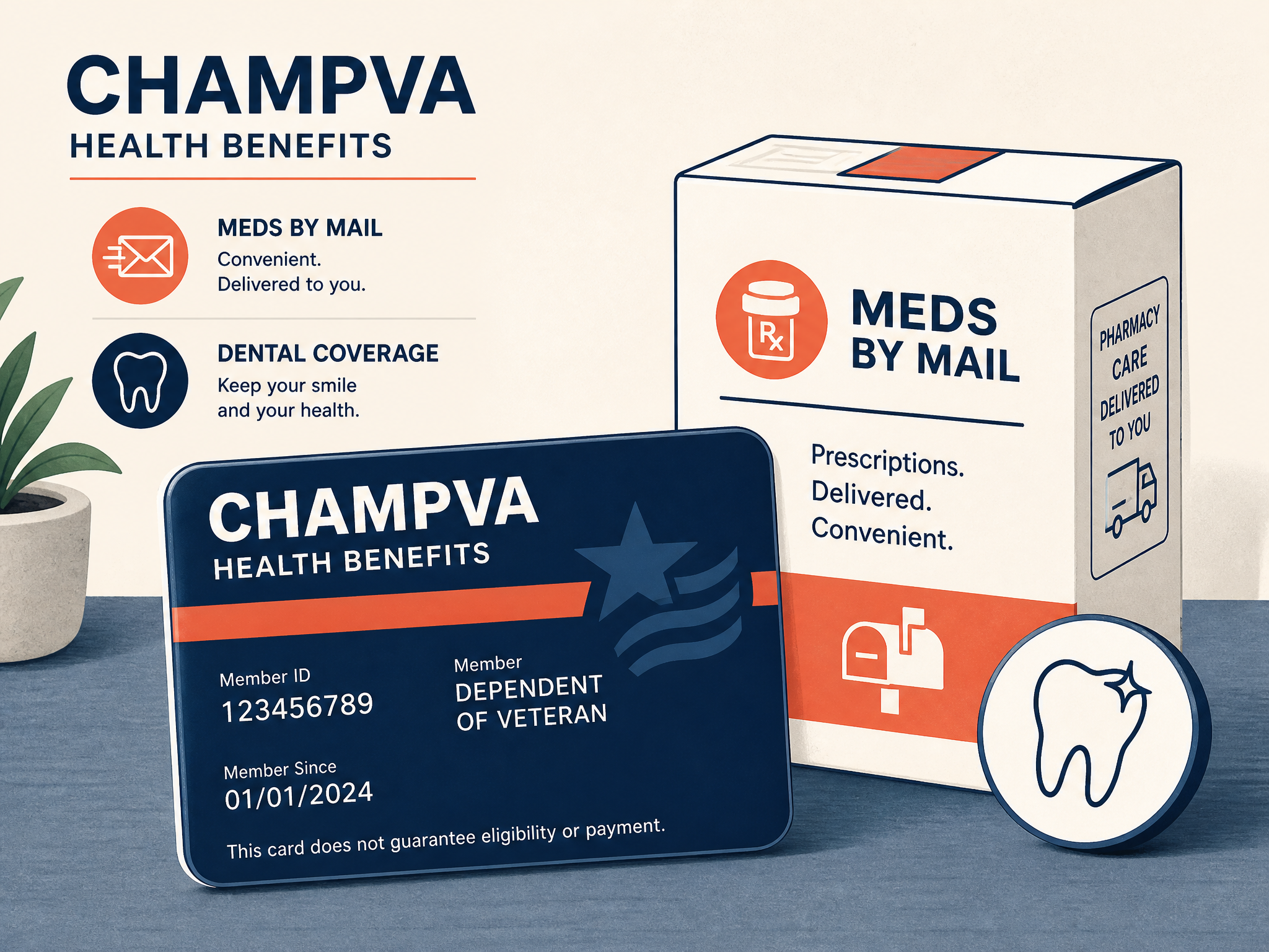 Illustration of a CHAMPVA benefits card alongside a Meds-by-Mail prescription package and a dental icon - using your card and adding the extras