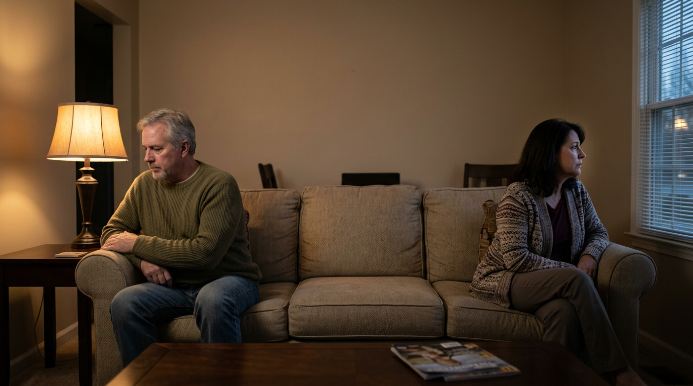 Veteran and spouse sitting apart on a couch, depicting relationship strain from erectile dysfunction