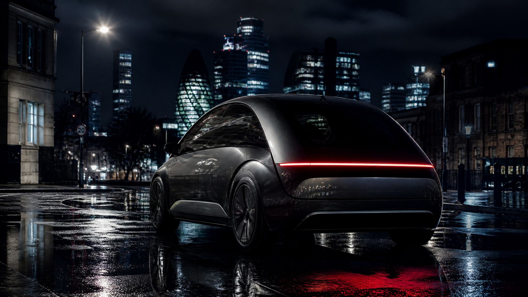 Autonomous electric vehicle in dramatic nighttime urban setting
